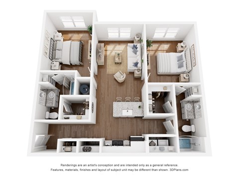A 3D floor plan of a house with two bedrooms, a living room, a kitchen, and a bathroom.